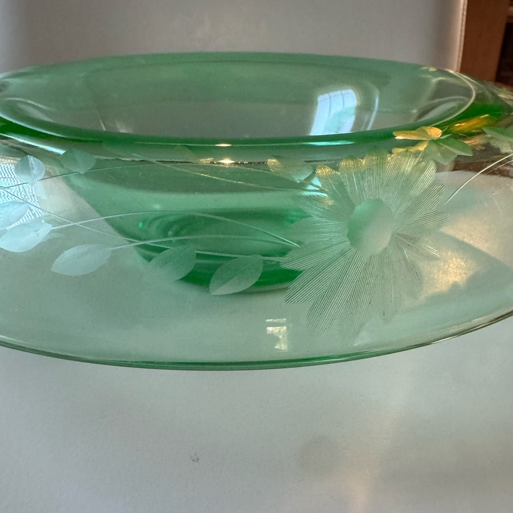 Vintage Uranium Depression Glass Console with Rolled Rim